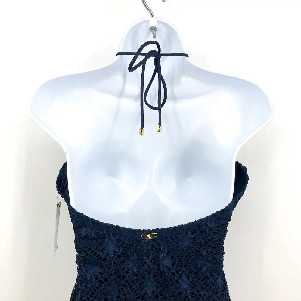 LAUREN RALPH LAUREN One Piece Swimsuit Size 12 Navy Blue Crochet Bandeau NWT